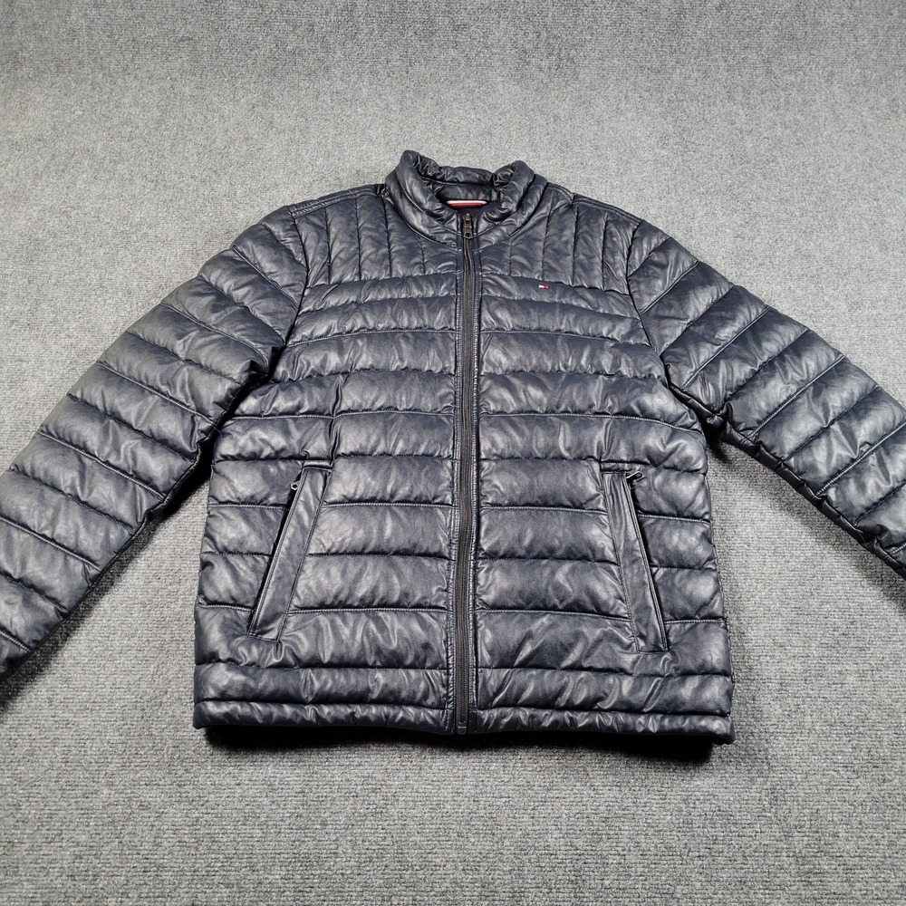 Tommy Hilfiger Puffer Jacket Mens‎ Medium Blue Faux Leather Quilted Zip Warm